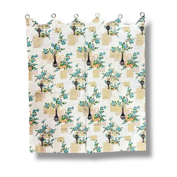 Vintage Mid Century NEW Pair Floral Toile Kitchen Cafe Curtains Scalloped Tabs - Picture 2 of 9